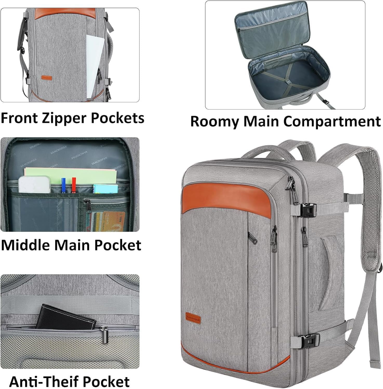 Vancropak Carry on Backpack, 40L TSA Expandable Travel Backpacks with 3 Packing Cubes for Adults, Water Resistant