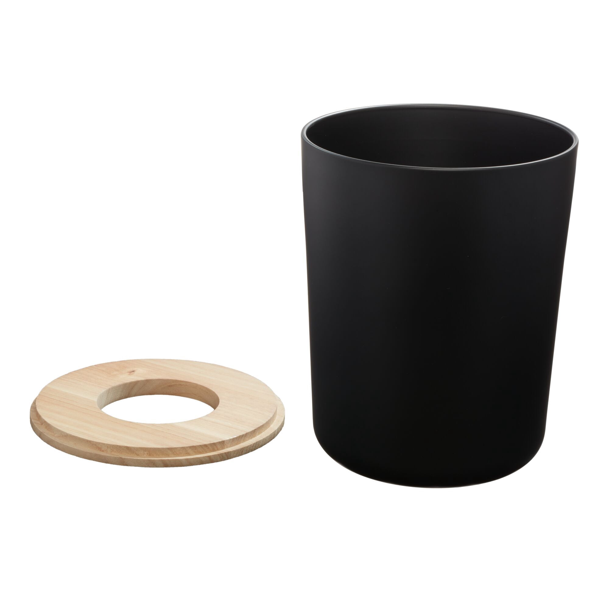 iDesign Bathroom Vanity Trash Can, 2.2 Gallon Round Steel and Wood Lid Garbage Bin, Black