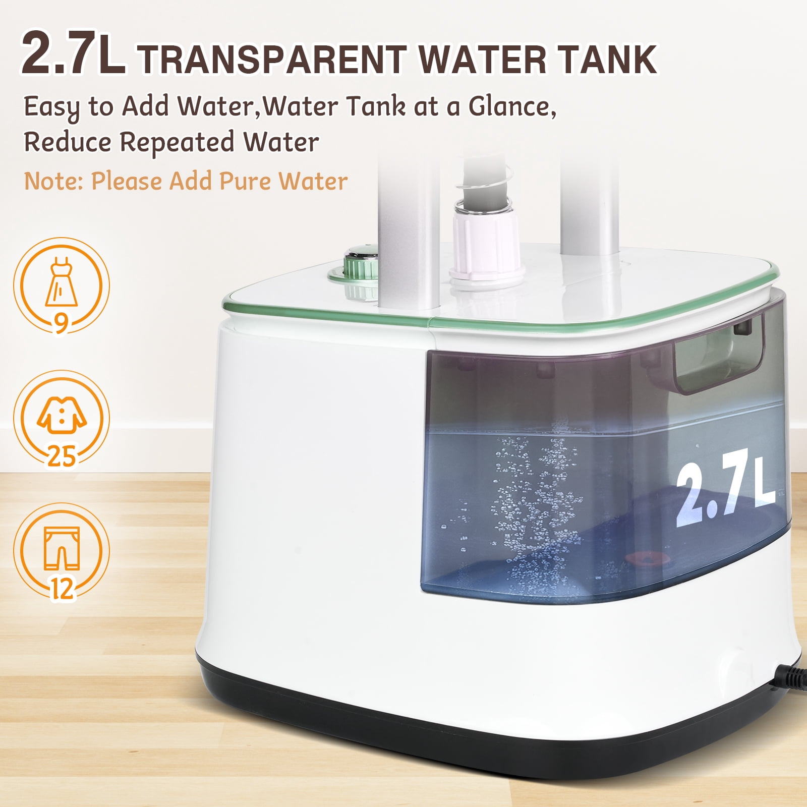 Advwin 2000W Garment Steamer for Clothes Standing, 10 Steam Levels, 2.7L Water Tank, Commercial and Household Use (Green)