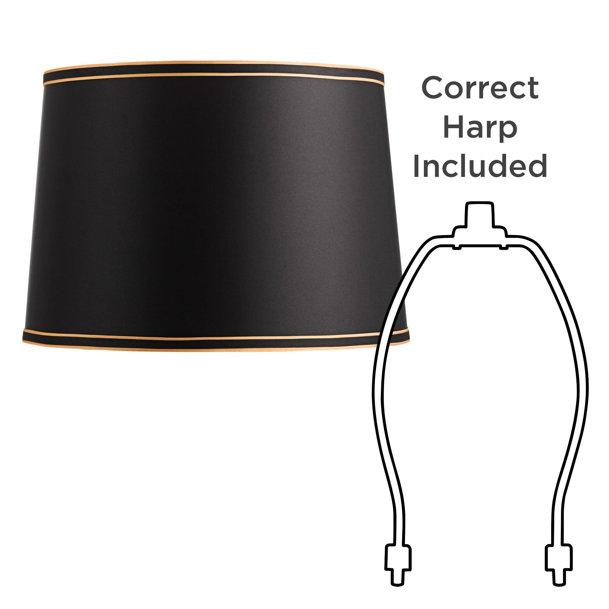 Springcrest Black Medium Drum Lamp Shade with Black and Gold Trim 14" Top x 16" Bottom x 11" High (Spider) Replacement with Harp and Finial