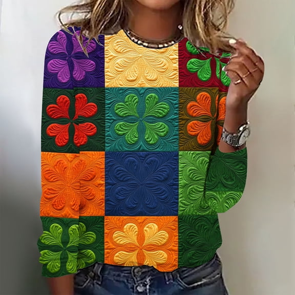 Craaazy Women's Crew Neck St. Patrick's Printed Loose Long-Sleeved Tops Gifts