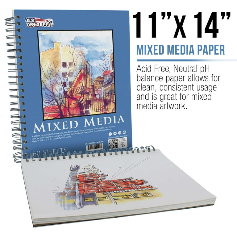 U.S. Art Supply 11 x 14 Mixed Media Paper Pad Sketchbook, 2 Pack, 60 Sheets, 98 lb (160 GSM) - Spiral-Bound, Perforated, Acid-Free - Artist