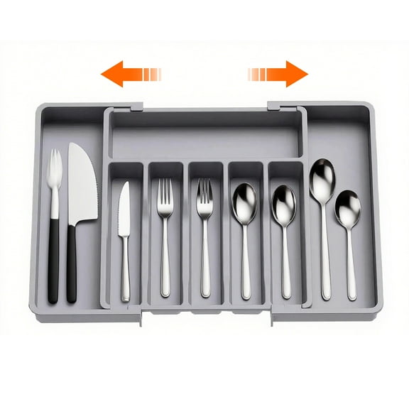 ORFELD Extendable Utensil Tray for Drawer,Multipurpose Kitchen Organizers and Storage Solution，Adjustable BPA-Free Cutlery Holder for Spoons, Forks, Grey