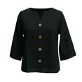thumbnail image 5 of Women's V Neck 3/4 Sleeve Cotton Linen Button Down Blouse, Loose Relaxed Fit Shirt with Rolled Cuff, for Summer Daily Wear or Beach Vacation Outfits Black, 5 of 5