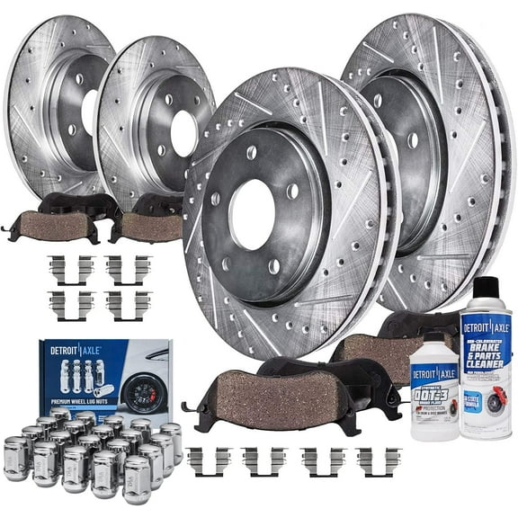 Detroit Axle - Front & Rear Drilled Rotors Brake Pads with 20pc Wheel Lug Nuts Replacement for Subaru Impreza Legacy Outback Forester - 14pc Set