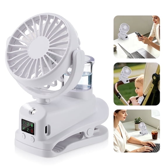 DREAMSOME 2 in 1 Clip Fan with Mist, 4 Speeds & LED Display, 360° Rotating Stroller Fan, 1200mAh