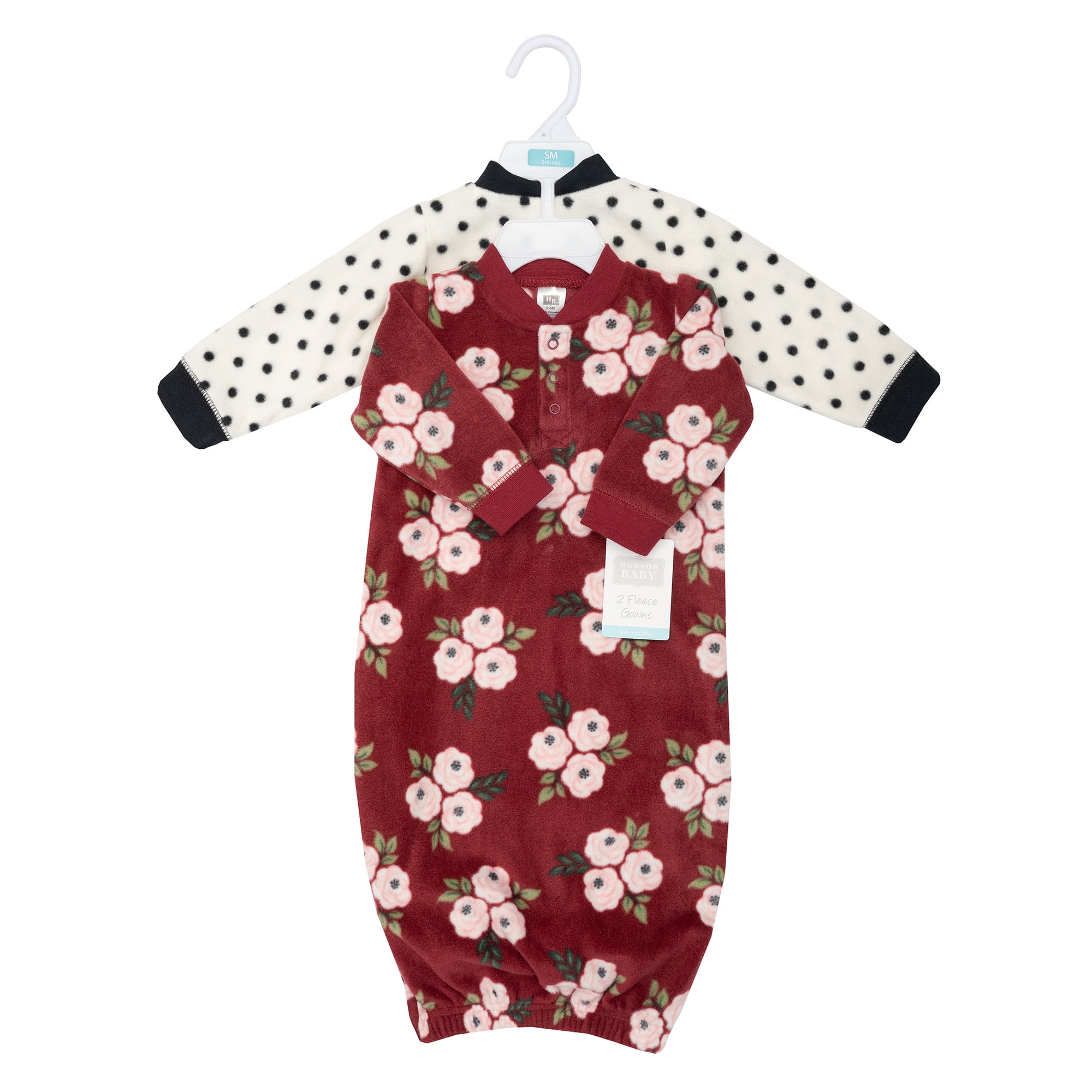 Hudson Baby Infant Girls Fleece Gowns, Burgundy Floral, 0-6 Months