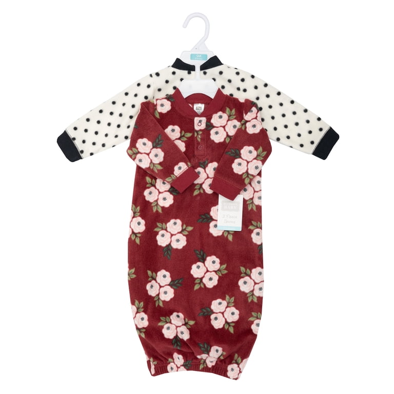 Hudson Baby Infant Girl Fleece Gowns, Burgundy Floral, 2-Pack photo 2
