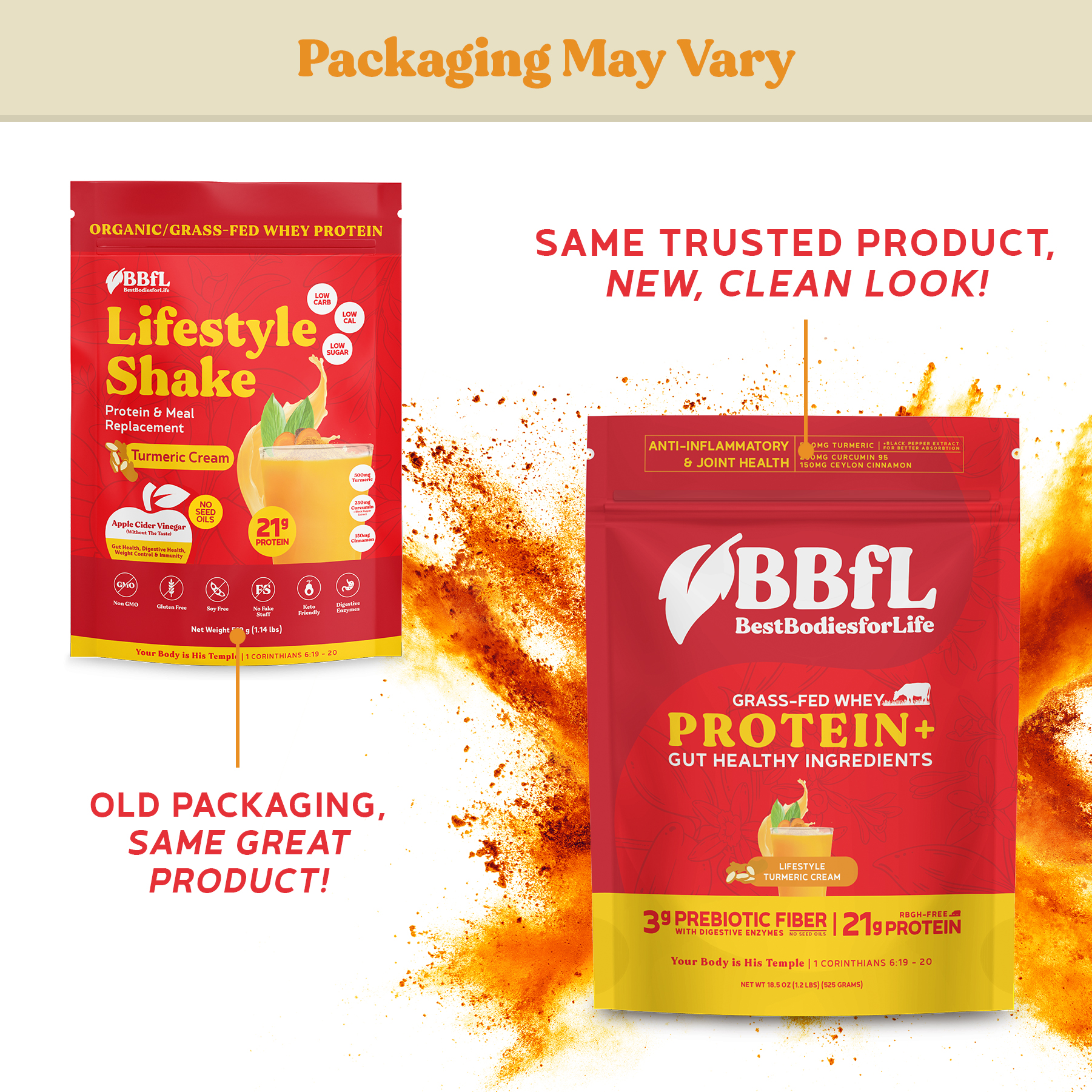 BBfL Protein Functional Powder, 21g Protein, Grass-fed Whey Protein, Apple Cider Vinegar, 50mg Digestive Enzymes, Prebiotics, 750mg of Turmeric/Curcumin 95% Extract (15 Servings, Turmeric)