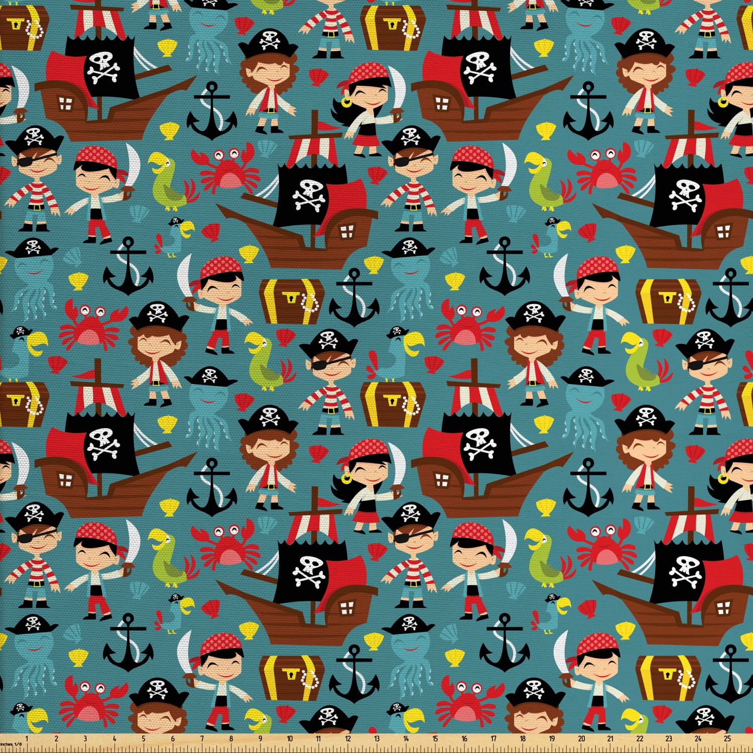 Pirates Fabric by The Yard, Illustration of Retro Pirate Adventure Kids