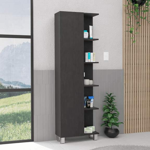 62” H Black Linen Single Door Cabinet with 5 External & 4 Interior Shelves
