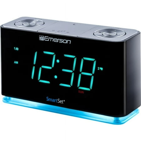 Emerson SmartSet Alarm Clock Radio with Bluetooth Speaker, USB Charger for iPhone and Android, Night Light, and Cyan LED Display ER100301