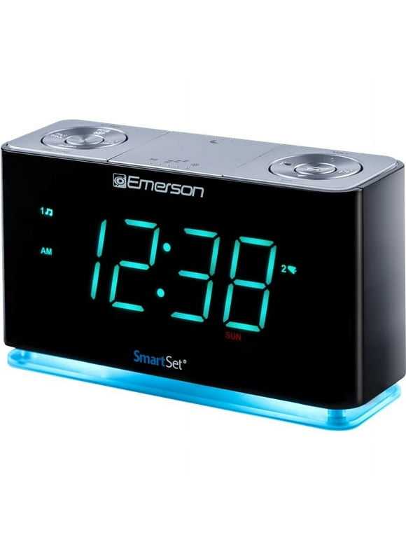 Emerson SmartSet Dual Alarm Clock Radio, Bluetooth Speaker, USB Charging, Night LED, 1.4" Cyan LED Display, ER100301