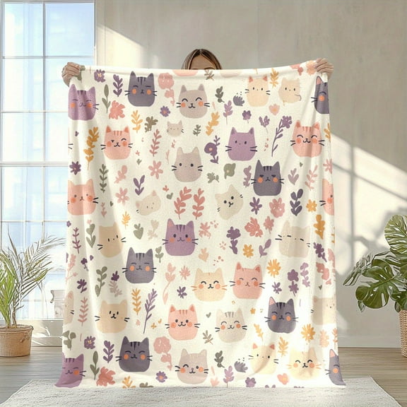 Flannel Blanket with Cute Cats Wildflowers Design Soft Warm Lightweight for Naps Camping Travel Office Home Decor Perfect Holiday Gift for Friends Family and Lovers Throw Whimsical Design