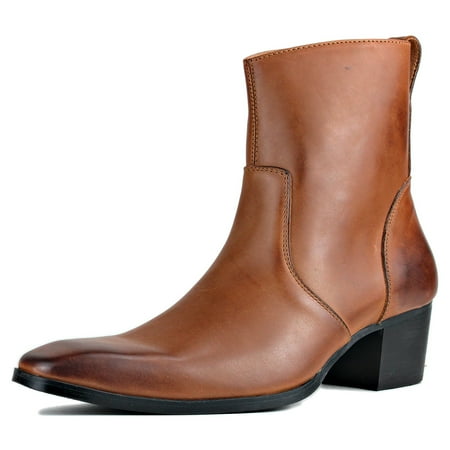 OSSTONE Dress Boots Chelsea Designer Boots for Men Zipper-up Leather Casual Heel Shoes JY002-Brown-7 Brown