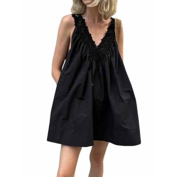 Women'S V Neck Sleeveless Mini Dress Loose Summer Pleated Swing Flowy Sundress Black S