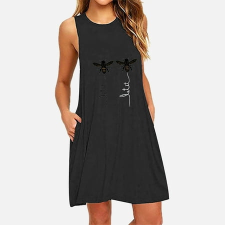 

Womens Plus Size Clearance Fashion Womens O-Neck Pocket Printing Sleeveless Casual Nightdress Dresses Spring Summer Dresses For Women