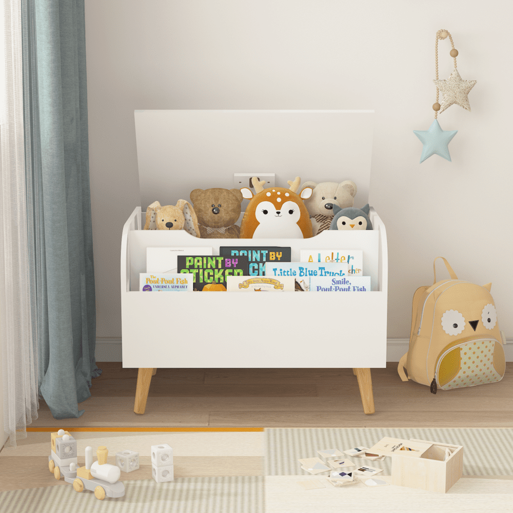 Tcbosik Storage Chest with Front Bookshelf, Modern Wood Toy Box Organizer with Safety Hinge and Flip-Top Lid, Entryway Storage Bench, Easy Assembly, White