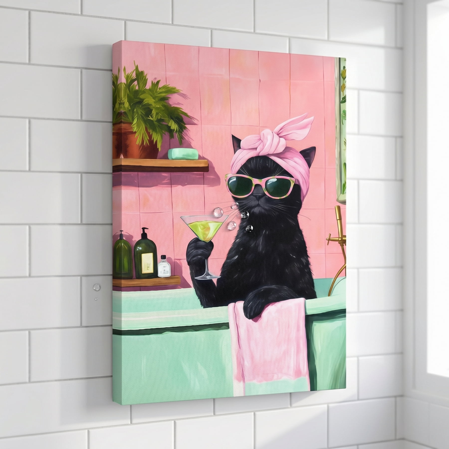 YarnArtistry Funny Bathroom Black Cat Canvas Wall Art 24 in x 16 in Framed Painting Canvas Art Prints