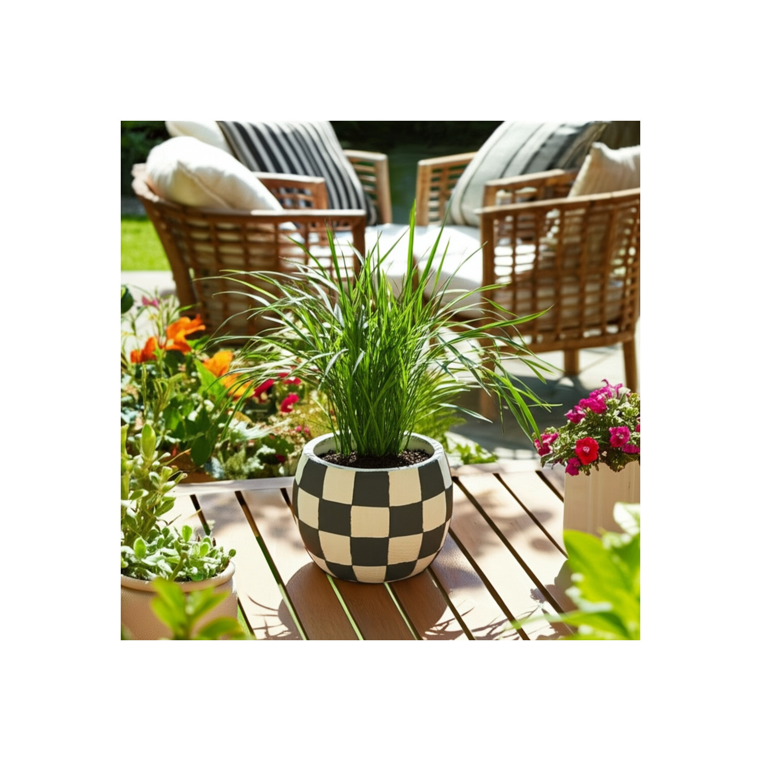Modern Rounded Checkerboard Flower Pots for Home Decor Stylilng - Refined Planters with Graphic Pattern Detail - Decorative Planter Accent for Indoor Plants and Outdoor Use - 5", Black & White