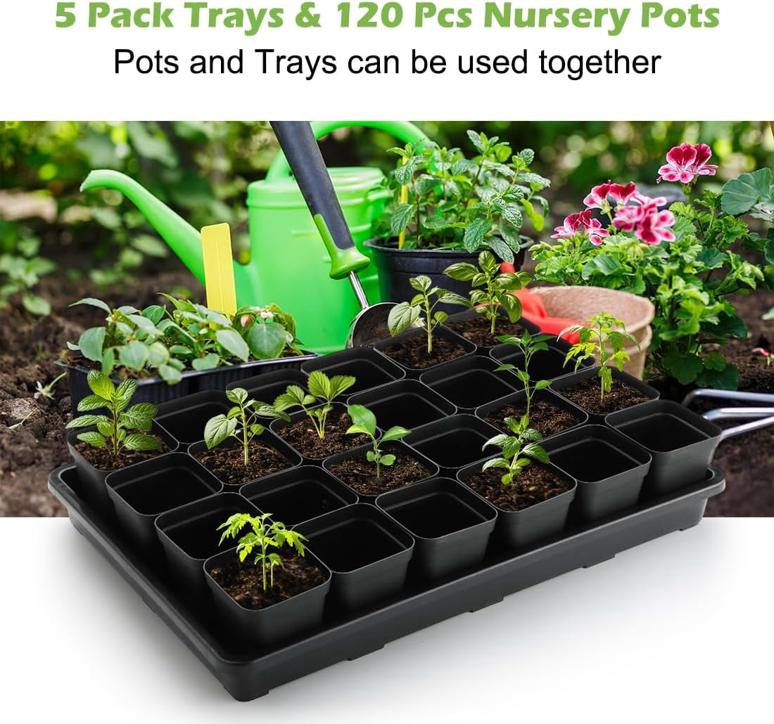 3.5 inch (9CM) Square Nursery Pots 60pcs, Sturdy Seedlings Trays 5 Pcs, Seeds Starter Germination Tray, Microgreenings Planter Nursery Propagation 5 Sets