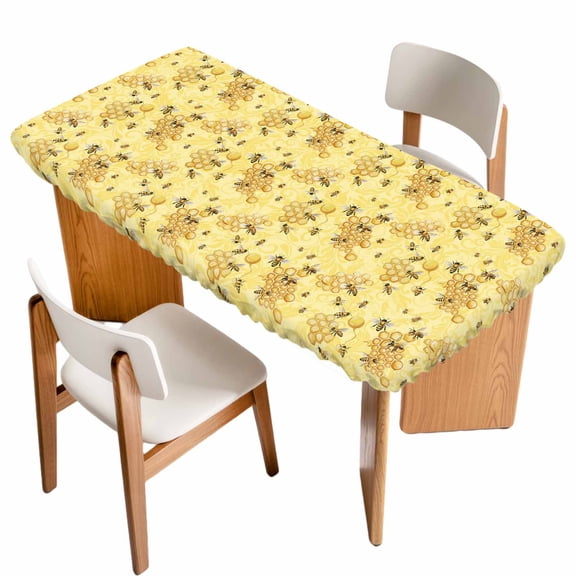 Summer Bees Table Cloths for 6 Foot Rectangle Tables, Pastoral Garden Yellow Honey Watercolor Patio Waterproof Elastic Fitted Tablecloths, Washable Rectangular Table Cover for Camping