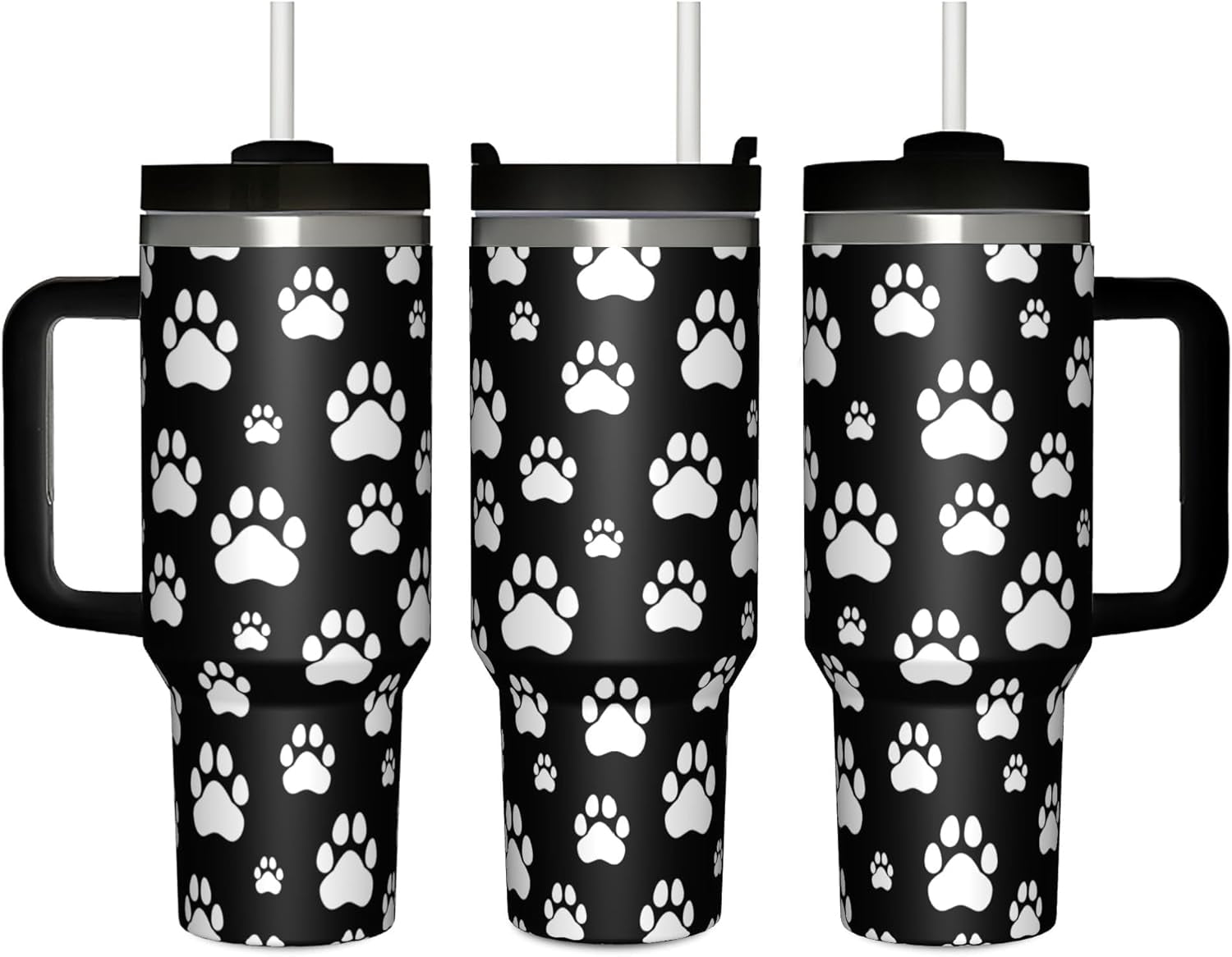 Dog Paw Prints 40 Oz (1200 ml) Insulated Coffee Tumbler with Black Handle, Cute Reusable Stainless Steel Travel Mug Cup with Straw Lid for Women Men Party Birthday Gifts