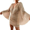 thumbnail image 2 of Skirt Suit Evening Dresses For Women Elegant Long Sleeve Sequin Mini Dresses Sexy Ruched Bodycon Sparkly Glitter Dresses,Beige Women Blending Dresses L, 2 of 4