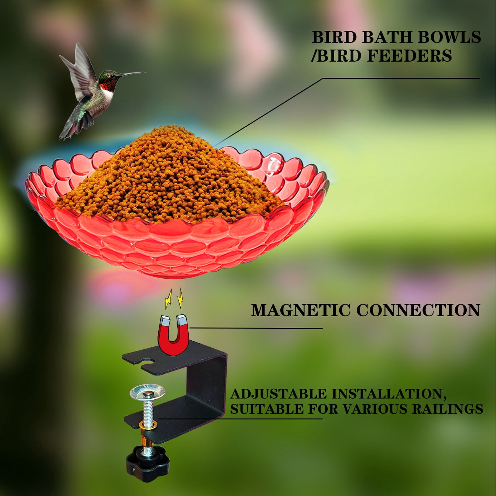 YAHHU Red Deck Mounted Bird Bath Plastic Detachable Outdoor Bird Feeder Water Bowl Adjustable Clamp for Balcony Garden Fence 6.9x5.12 inches / 17.5x13 cm