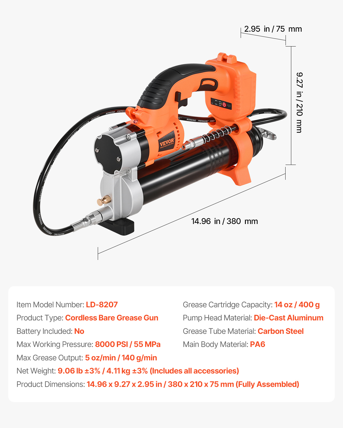 VEVOR Cordless Grease Gun, 8000 PSI Max Pressure, Electric Grease Gun with LED Light & 35.4-inch Long Hose, Compatible with 18V Makita Batteries, Suitable for Greasing Vehicles or Machines(Tool Only)