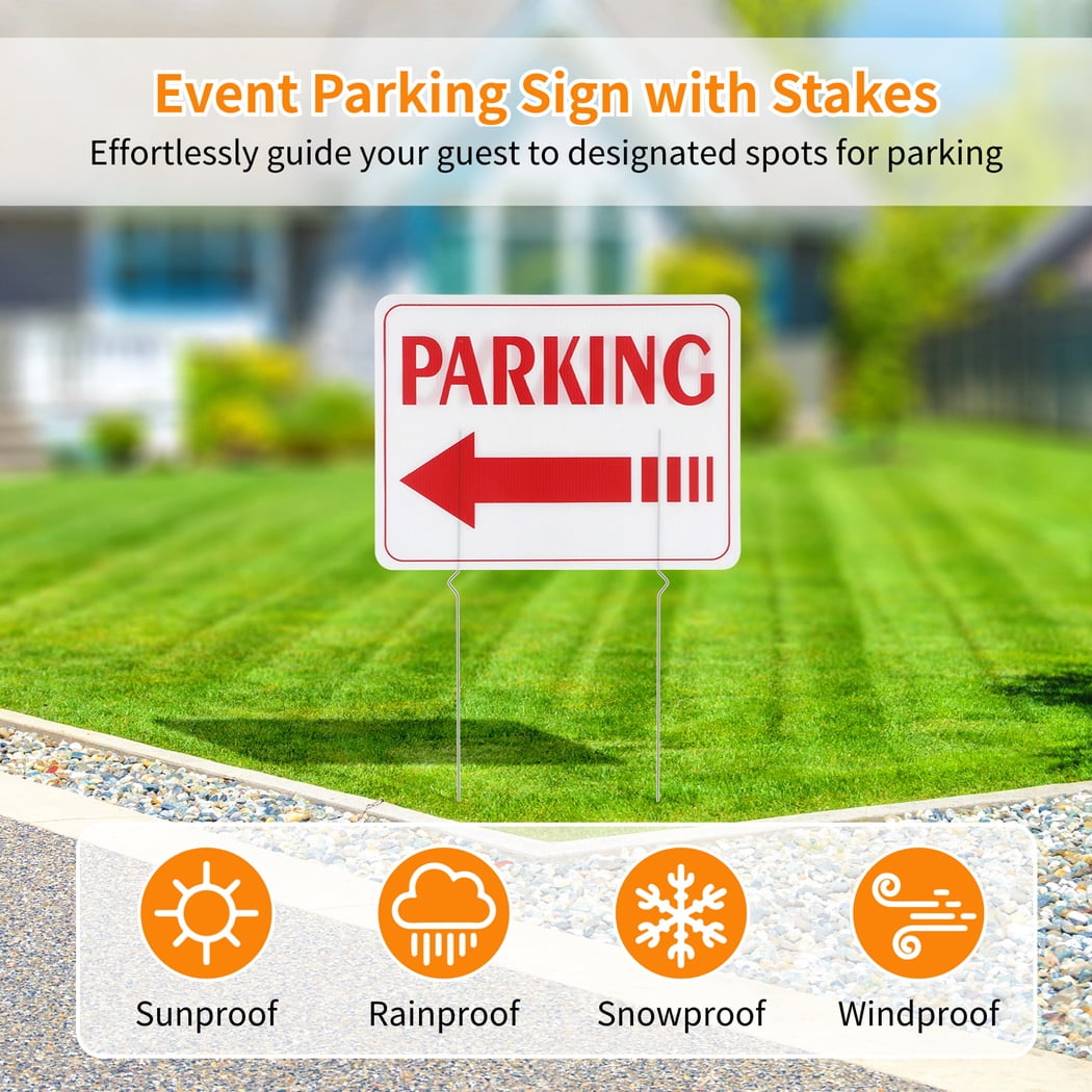 6 Pcs Outdoor Event Parking Signs, Plastic Guest Red "Parking" Sign, Weatherproof Yard Signs with Metal Stakes, Double-sided Printed Parking Sign, Directional Signage with Indicating Arrow