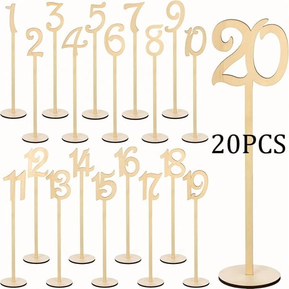 20pcs Wedding Table Numbers, Pre-Numbered 1-20, Wooden Table Numbers with Holders for Wedding Reception, Beige Wood Table Numbers for Wedding, Reception, Birthday Parties, 13.7in