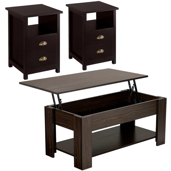 Modern Lift Top Coffee Table w/Hidden Compartment + 2PCS Twodrawer End