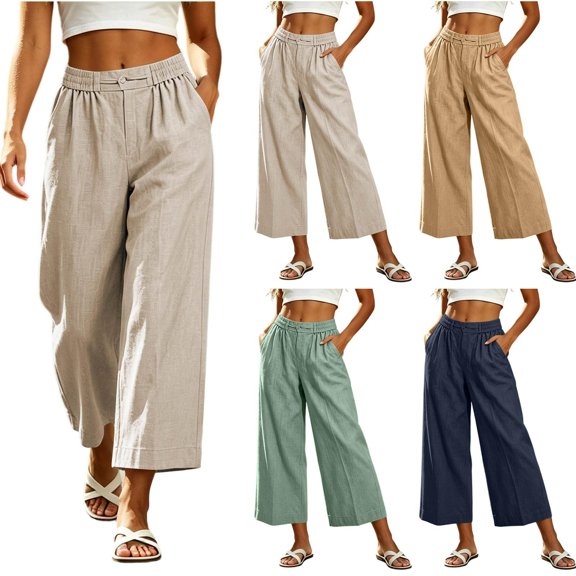 HomeDM Capris Pants for Women Wide Leg Pants with Pockets High Waisted Khaki Lounge Work Trousers Size L