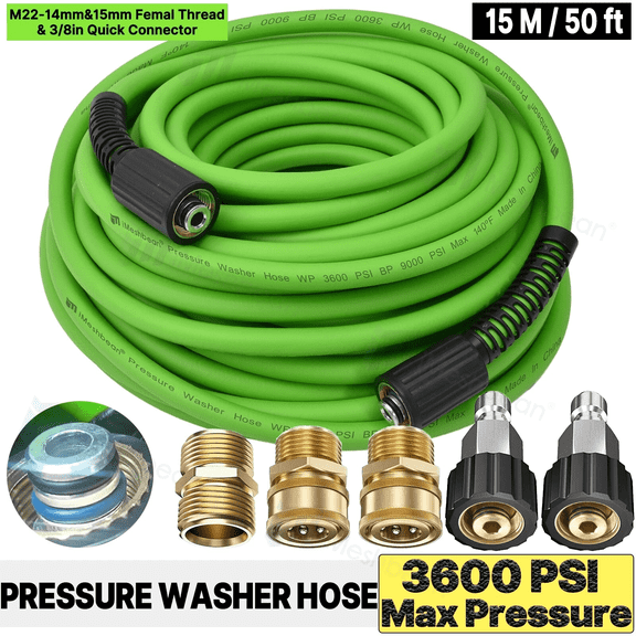 iMeshbean Flexible 50FT 3600 PSI High Pressure Power Washer Hose M22 & 3/8" Quick Connection