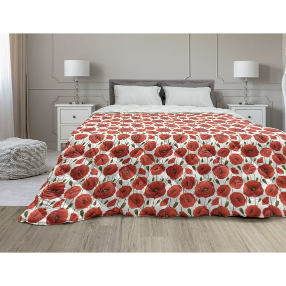 Poppy Flower Down Alternative Comforter, Abstract Lines Dots Floral Arrangement Ornamental Spotted Illustration Petals, Microfiber Quilt for All Season, 5 Sizes, Multicolor, by Ambesonne