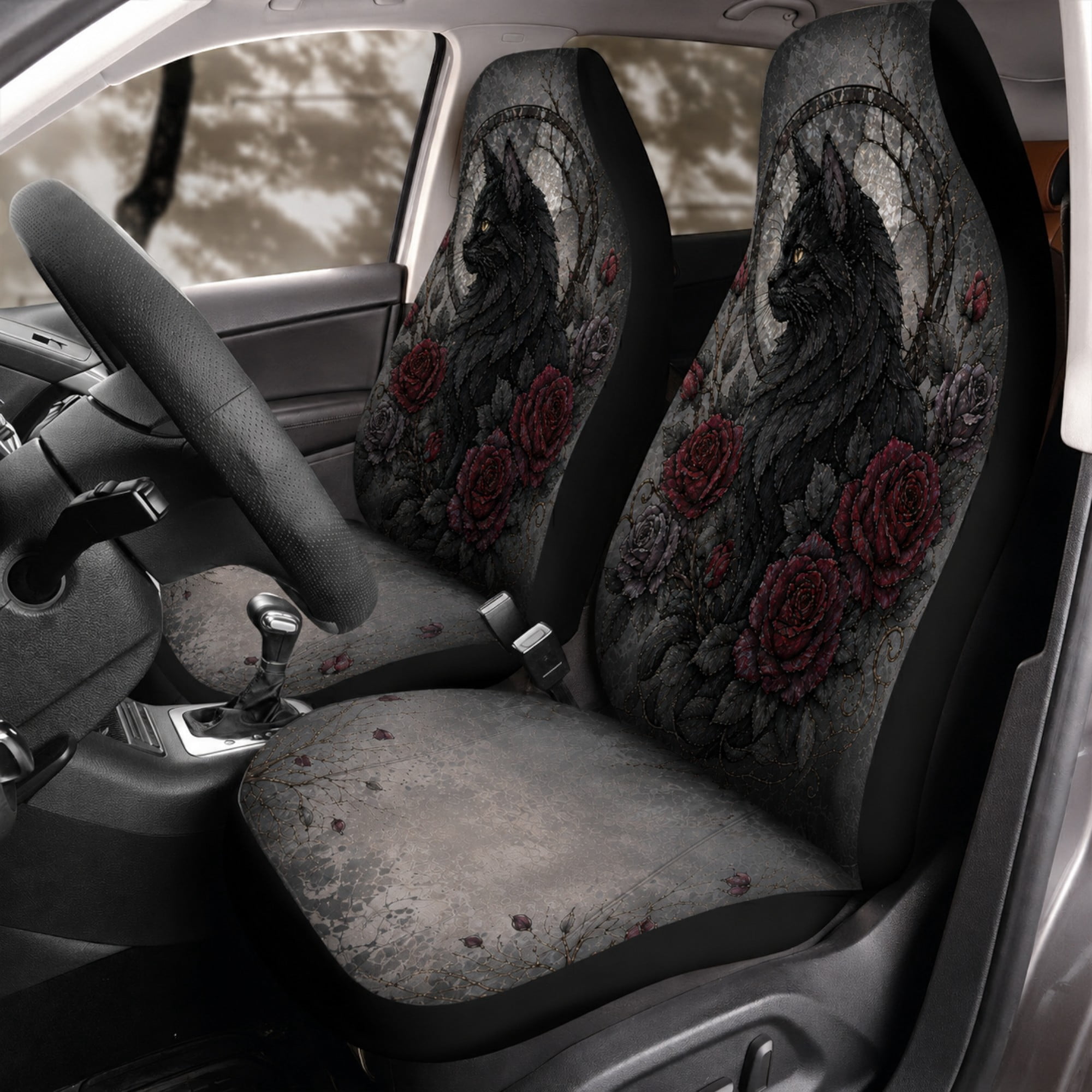 Emacom Ltd Gothic Black Cat Car Seat Covers Dark Floral Red Rose Cat Auto Seat Protectors Gothic Pet Car Interior Accessories