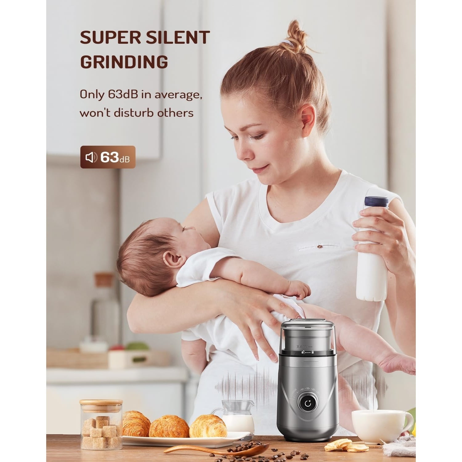 Electric Super Silent Blade Coffee Grinder, Timed Grind Control Rotary Knob, Adjustable Coarse to Fine for Coffee Beans, Spices & Herbs, with 1 Removable Stainless Steel Bowl, Sliver