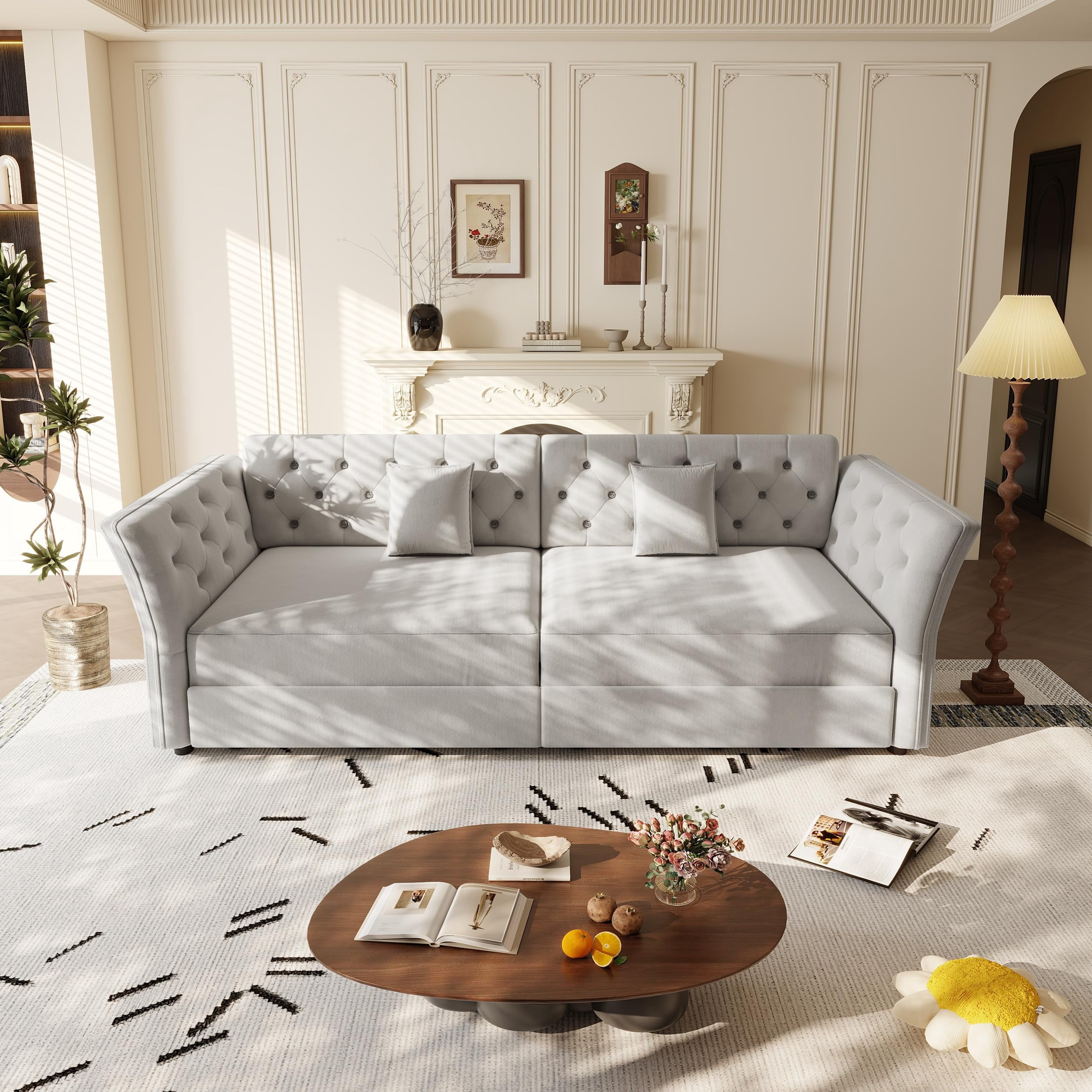 100" Oversize Light Grey Velvet Sofa Bed, Convertible Sleeper Loveseat with Handmade Flower Tufted Design, Multi-Functional 4-Seater for Living Room, Bedroom, Apartment