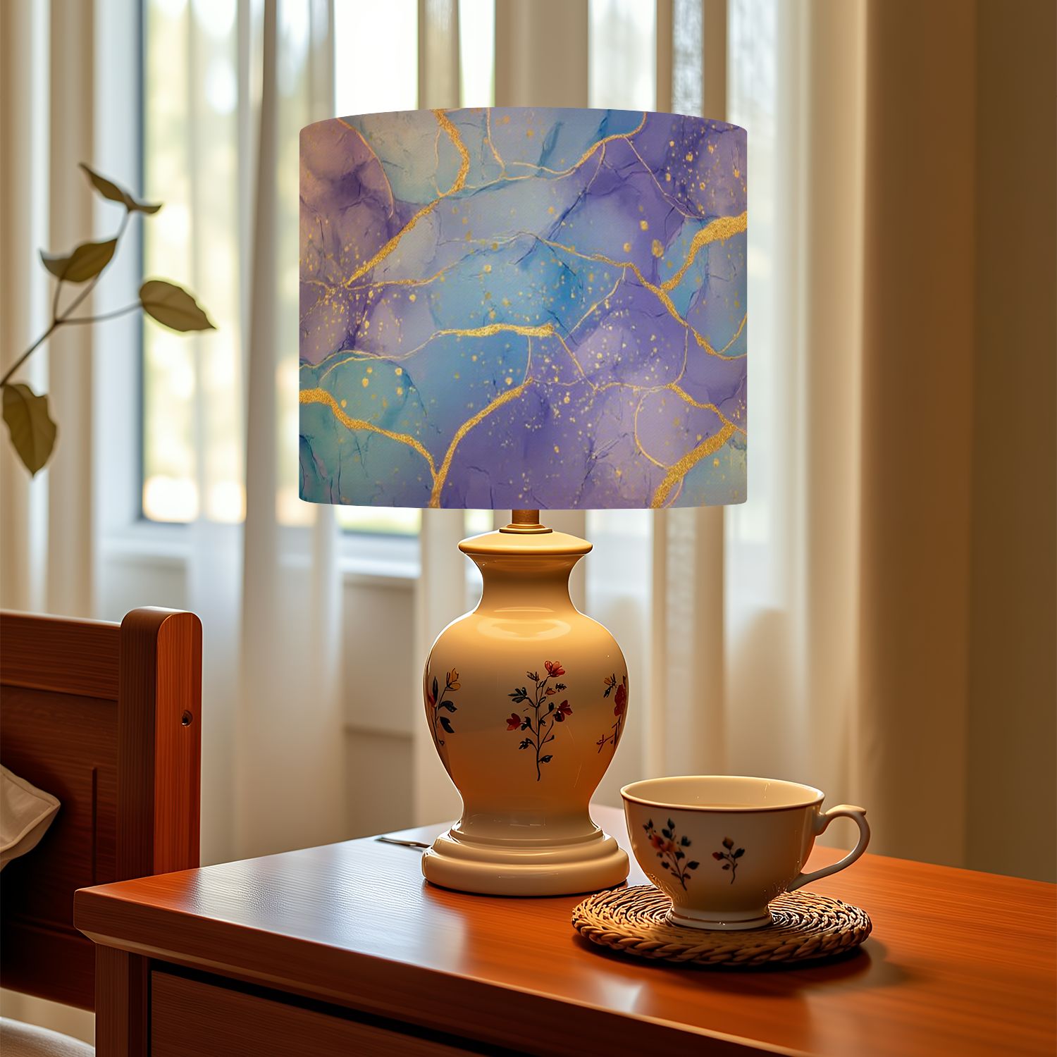 Linen Drum Lampshades Violet cyan blue liquid watercolor golden stains Teal mauve 13"x13"x10" Light Shade for Table Lamps Floor Lamps Drum Lamp Shades Lampshade Replacement Assembly Required