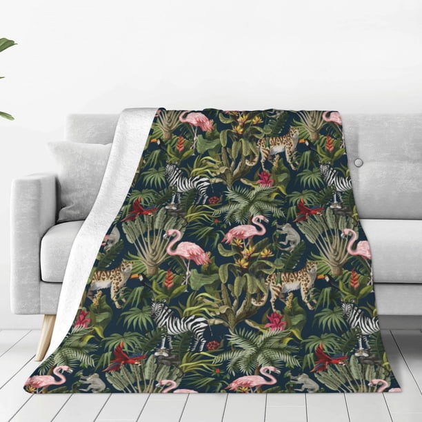 Fotbe Flamingos And Palm Leaves Manta de Franela Acolchonada con Estampado, Súper Suave y Esponjosa, Extra Grande para Sofá, Cama, Uso Todo el Año-60"x50"