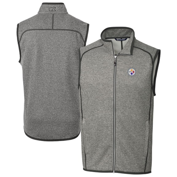 Men's Cutter & Buck Heather Gray Pittsburgh Steelers Big & Tall Mainsail Sweater Knit Fleece Full-Zip Vest