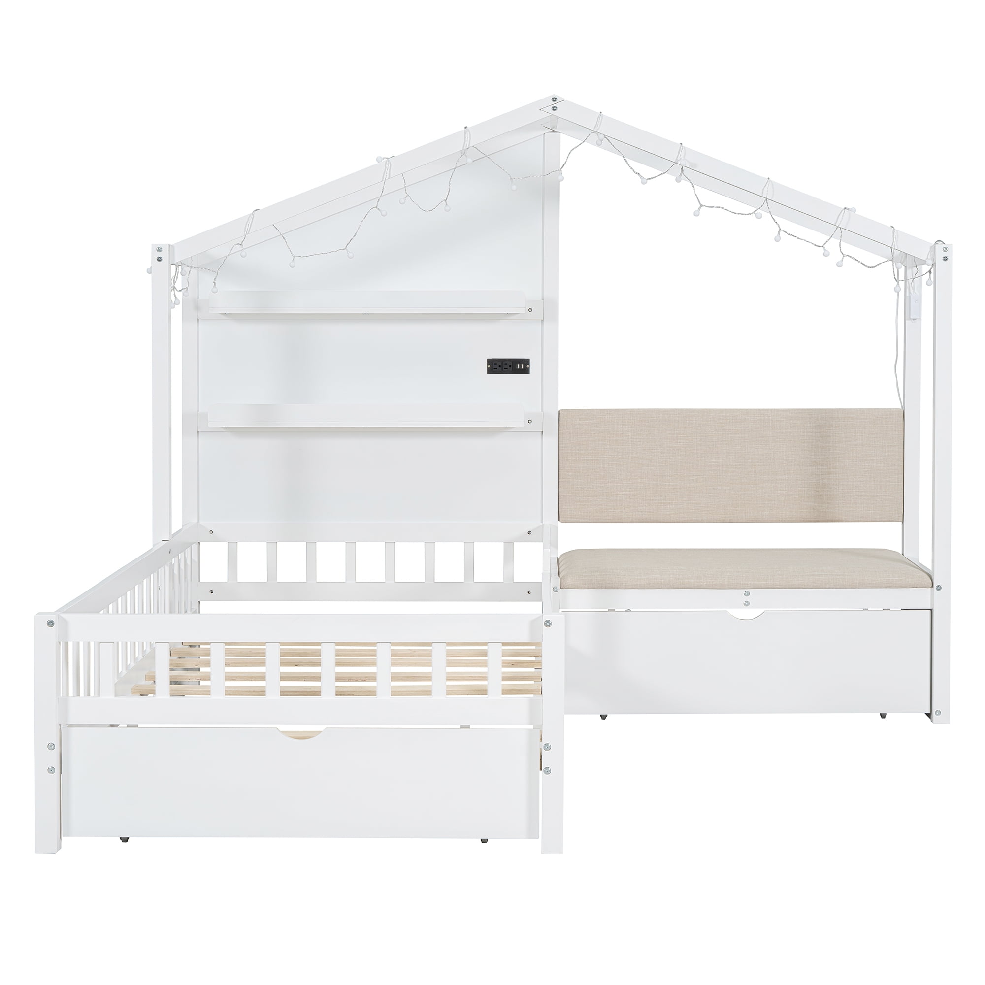 Kumix Platform Bed with Upholstered Sofa, Twin Size Platform Bed with Charging Station, Wireless Charging, Shelves and Two Drawers for Teens Adults, Wooden House Bed for Bedroom, White