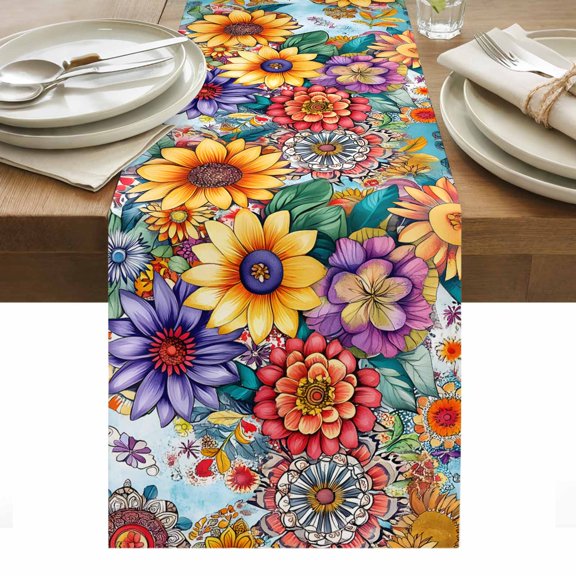 Boho Flowers Table Runner - 108 Inch Long, Kitchen Dining Table Runner Dresser Scarves, Bohemia Ethnic Floral Colorful Floral Farmhouse Decor for Coffee Tables Wedding Party Banquet
