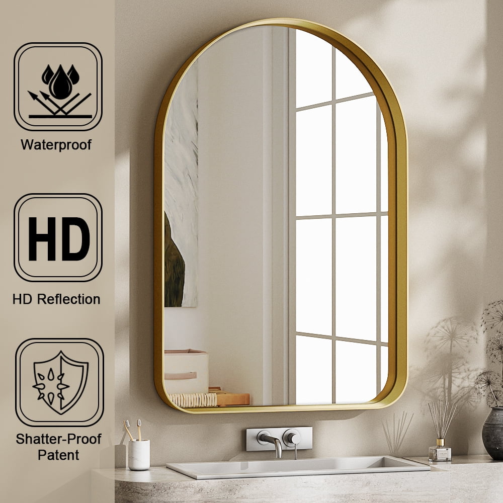 Gleamira 20"x30" Arch-Top Bathroom Mirror Deep Metal Frame Wall-Mounted Mirror , Gold