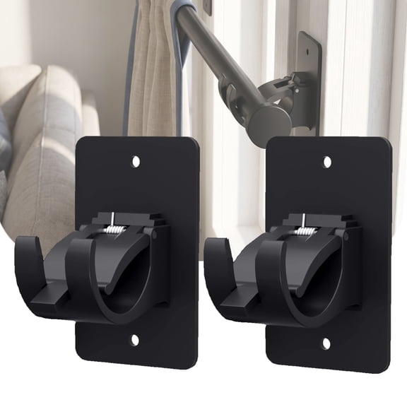 Curtain Rod Bracket, 2 Pack, Self‑Adhesive No Drill Wall Mount Hooks with Screws, Universal for 5/8‑12/8 inch Diameter Rods, Black