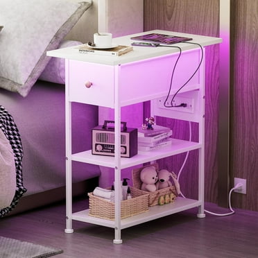 PERUYQ Narrow End Table with Charging Station, Narrow Nightstand with LED Light, Skinny Bedside Table with Drawer and Shelves, Slim Side Table for Bedroom, Living Room, Small Spaces, White