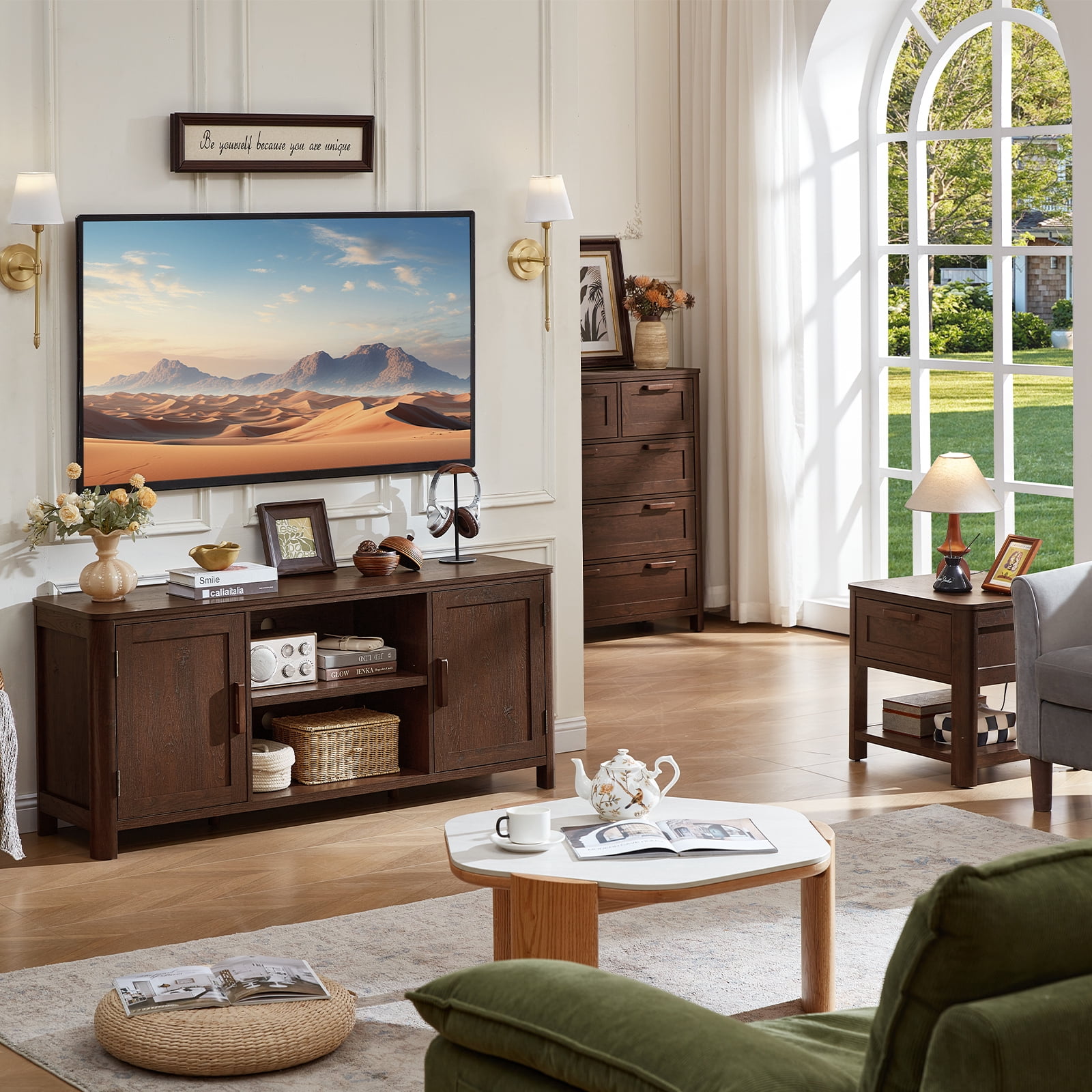 Joaxswe Modern Farmhouse with 2 Doors TV Stand, up to 65 inches, Rustic TV Stands for Bedroom, Walnut Wood Grain Finish