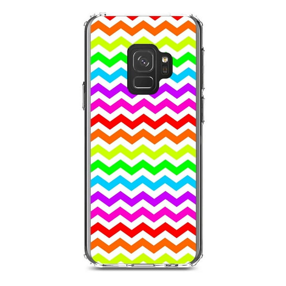 DistinctInk Clear Shockproof Hybrid Case for Samsung Galaxy S9 (5.8" Screen) - TPU Bumper, Acrylic Back, Tempered Glass Screen Protector - Rainbow White Stripes Wave - Stripes Pattern