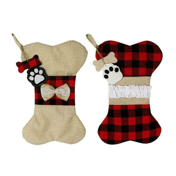 Wadada 2 Pcs Christmas Pet Dog Stockings Christmas Buffalo Plaid Stockings Red and Black Plaids Hanging Stockings Bone Shape Stocking for Christmas Fireplace Tree Decorations, 16.5 x 10 Inch